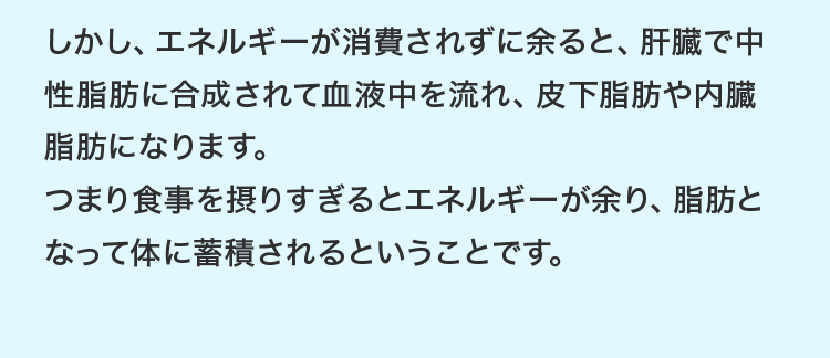 しかし、エネルギーが消費されずに余ると、肝臓で中性脂肪に合成されて血液中を流れ、皮下脂肪や内臓脂肪になります。つまり食事を摂りすぎるとエネルギーが余り、脂肪となって体に蓄積されるということです。