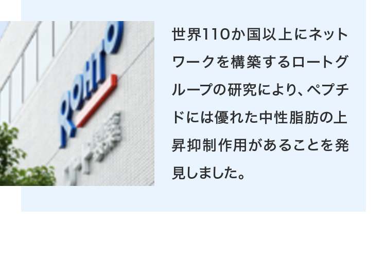 世界110か国以上にネットワークを構築するロートグループの研究により、ペプチドには優れた中性脂肪の上昇抑制作用があることを発見しました。