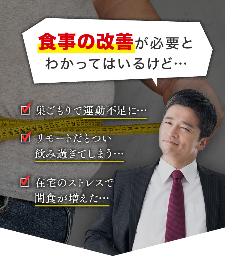 食事の改善が必要とわかってはいるけど… 巣ごもりで運動不足に…　リモートだとつい飲み過ぎてしまう…　在宅のストレスで間食が増えた…