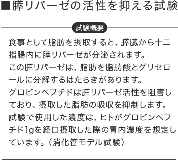 ■膵リパーゼの活性を抑える試験 試験概要 食事として脂肪を摂取すると、膵臓から十二指腸内に膵リパーゼが分泌されます。この膵リパーゼは、脂肪を脂肪酸とグリセロールに分解するはたらきがあります。グロビンペプチドは膵リパーゼ活性を阻害しており、摂取した脂肪の吸収を抑制します。試験で使用した濃度は、ヒトがグロビンペプチド1gを経口摂取した際の胃内濃度を想定しています。（消化管モデル試験）