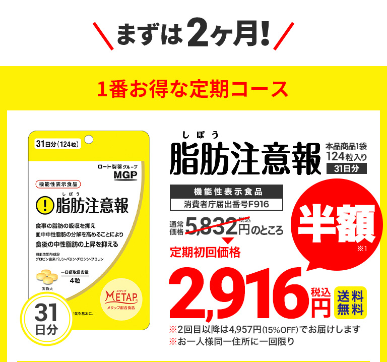 まずは2ヶ月！ 1番お得な定期コース 脂肪注意報本品商品1袋124粒入り 機能性表示食品消費者庁届出番号F916 通常価格5,832円税込のところ 定期初回半額※1価格税込2,916円送料無料※2回目以降は4,975円税込（15%OFF）でお届けします ※お一人様同一住所に一回限り