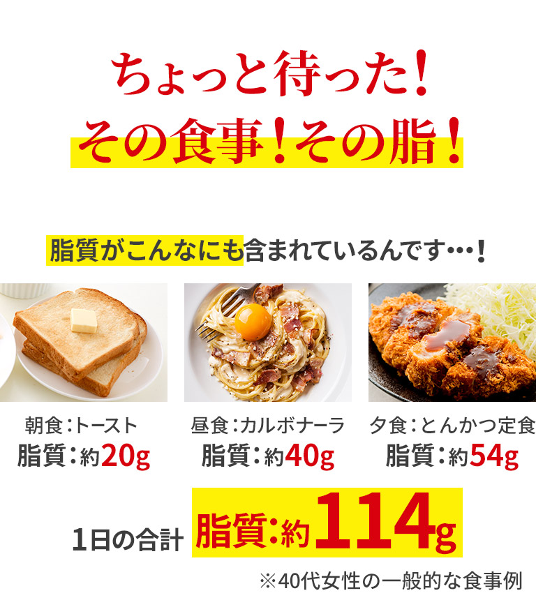 ちょっと待った！その食事！その脂！脂質がこんなにも含まれているんです・・・！朝食：トースト脂質：約20g昼食：カルボナーラ脂質：約40g夕食：とんかつ定食脂質：約54g1日の合計脂質：約114g※40代女性の一般的な食事例