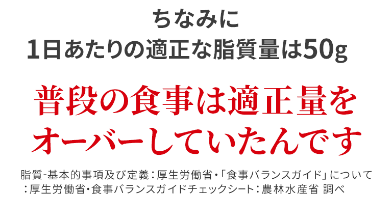 ちなみに1日あたりの適正な脂質量は50g普段の食事は適正量をオーバーしていたんです脂質-基本的事項及び定義：厚生労働省・「食事バランスガイド」について：厚生労働省・食事バランスガイドチェックシート：農林水産省 調べ