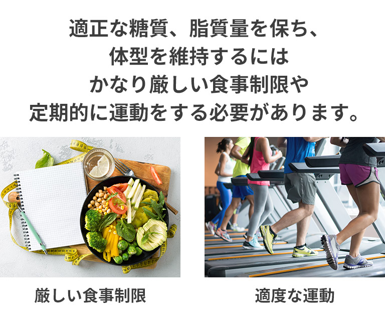 適正な糖質、脂質量を保ち、体型を維持するにはかなり厳しい食事制限や定期的に運動をする必要があります。厳しい食事制限適度な運動