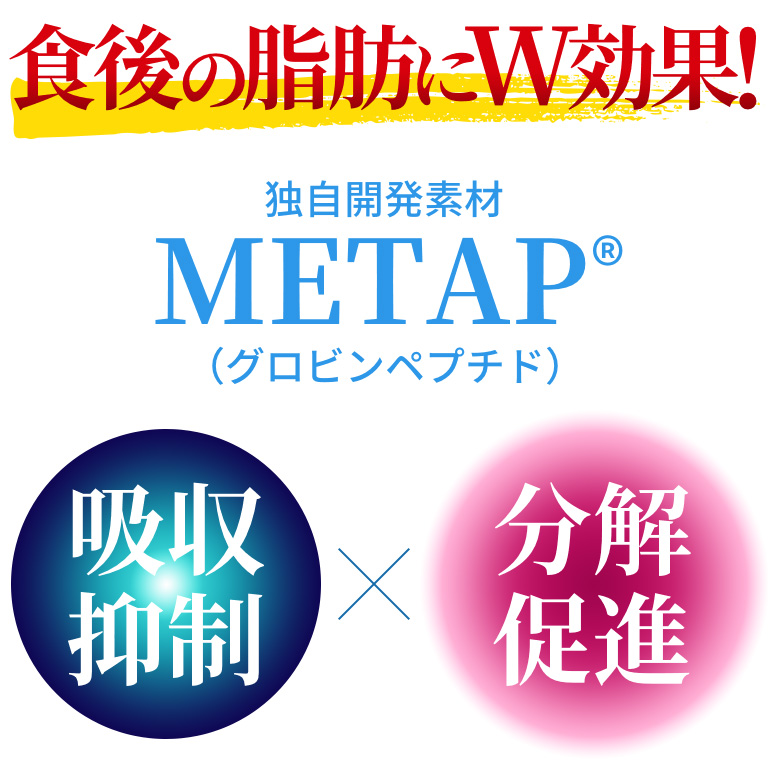 食後の脂肪にW効果！独自開発素材METAP®︎（グロビンペプチド）吸収抑制分解促進